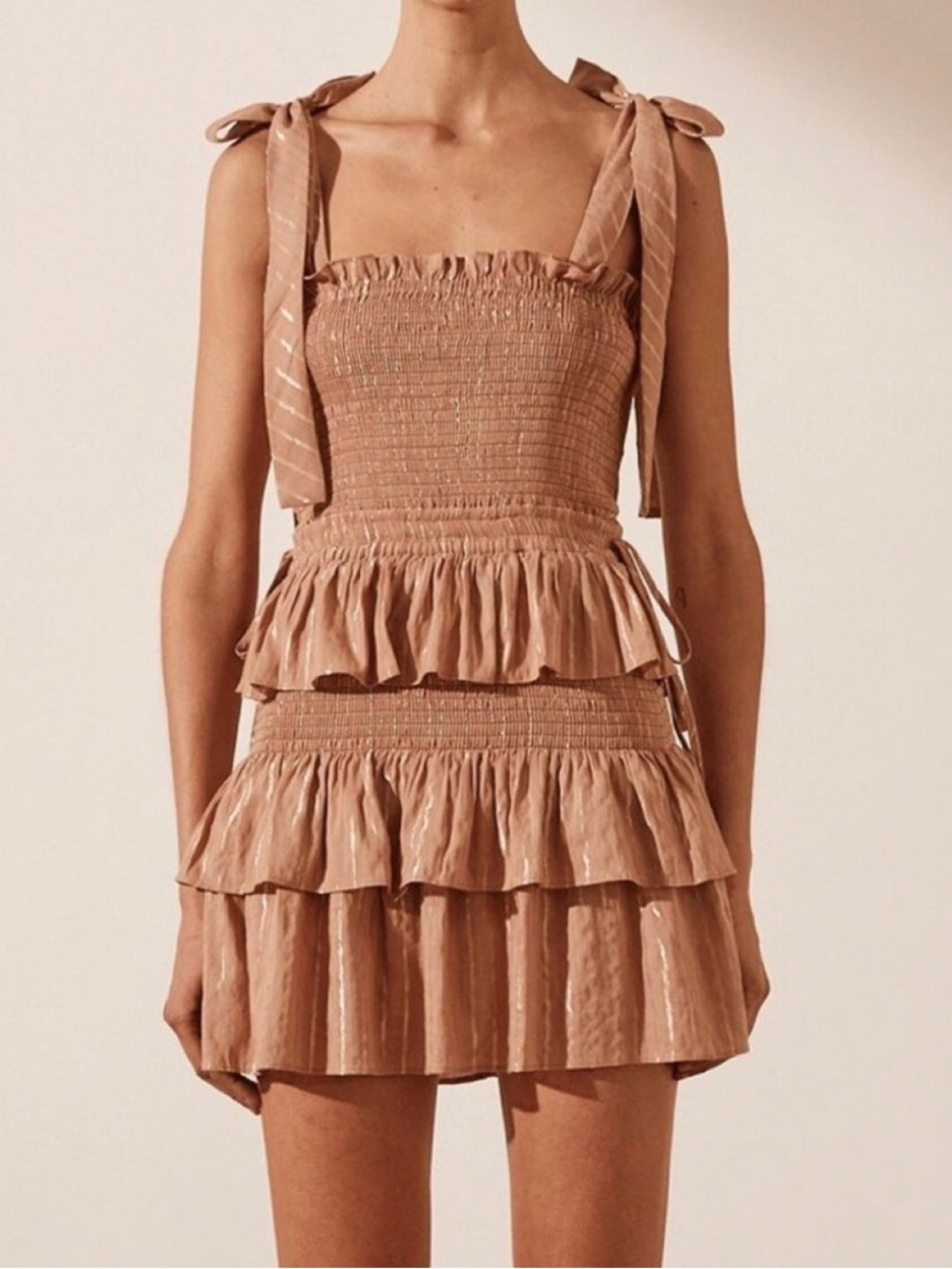 House of Harlow 1960 Desert Rose Corinne Shirred Metallic Ruffle Dress NWOT M